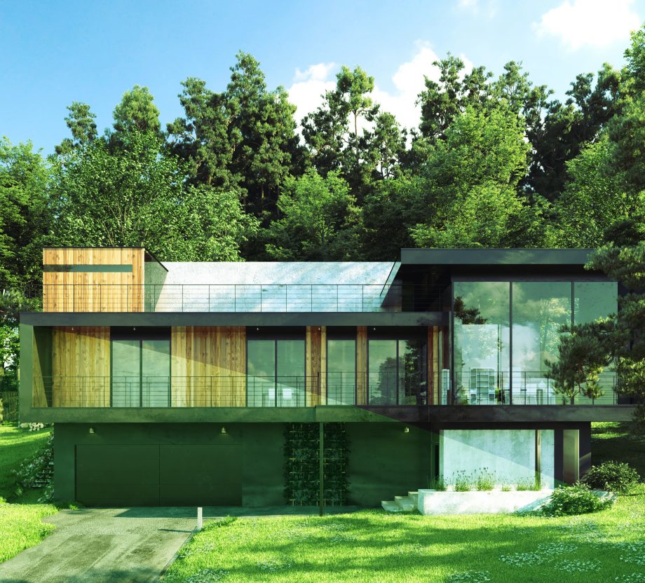 Modern house in forest, 3d render